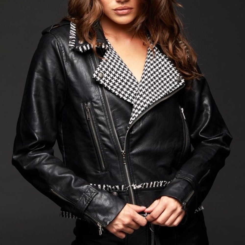 Houndstooth Collar Vegan Leather Moto Biker Jacket